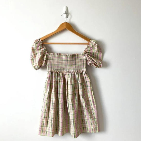 Aritzia Sunday Best Sun Deh Hadley Babydoll Poplin Mini Dress Plaid Lola Lime XS - Picture 4 of 8